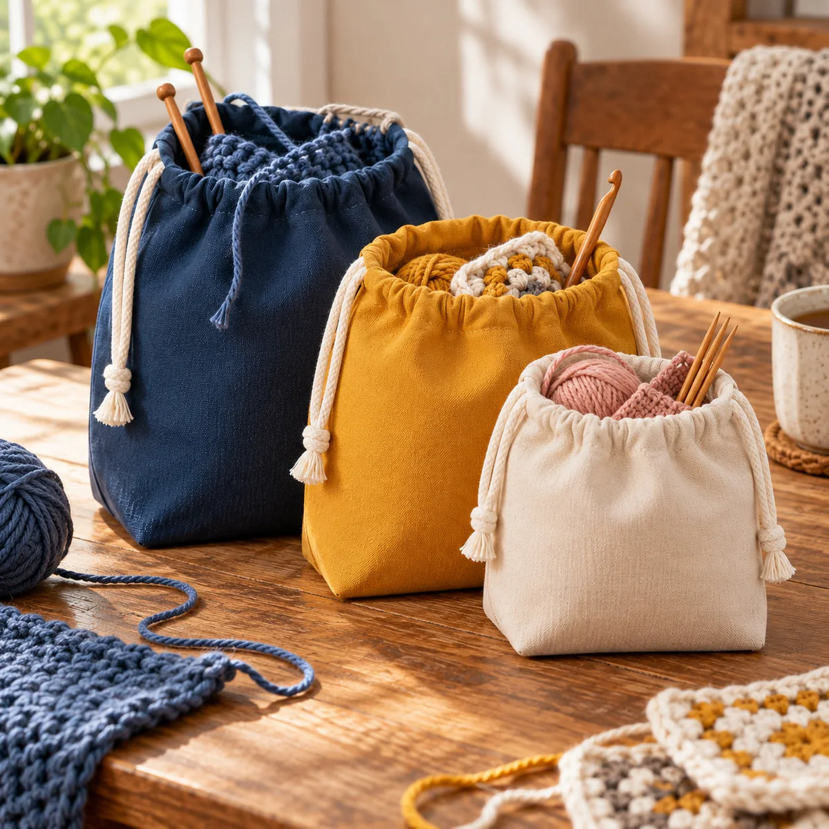 Drawstring Project Pouch Trio — in use