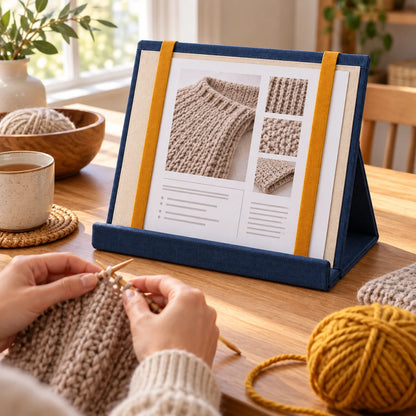 Fold-Up Pattern Page Stand — in use