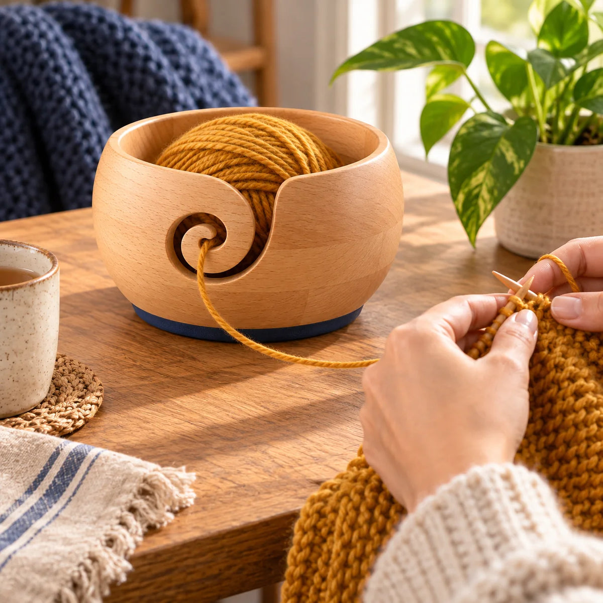 Smooth Wooden Yarn Bowl — in use